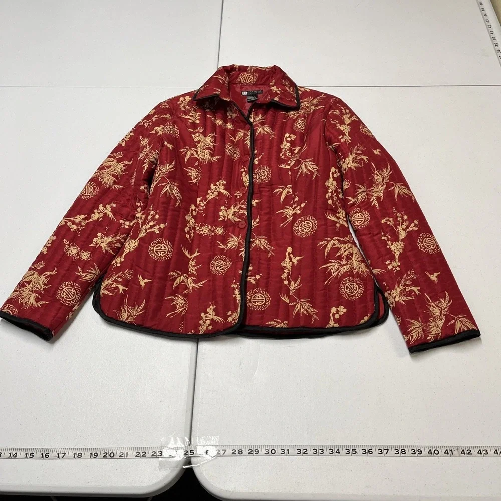 Carole Little Jacket Blazer Red Asian Floral Madarin Print Silk Quilted Size M